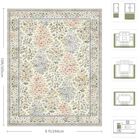 8x10 Area Rugs, Machine Washable Low Pile Floral Rugs - Image 2