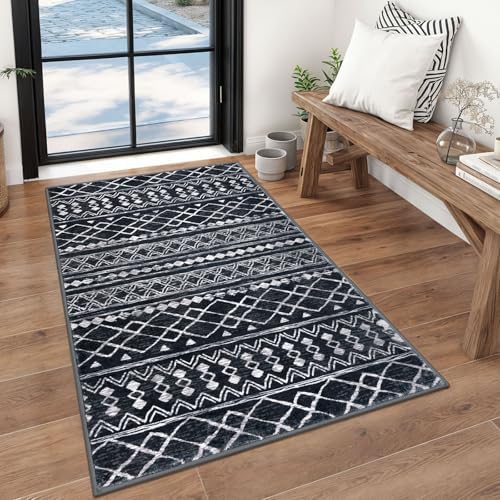 KUTA Vintage Boho Washable Rugs 3x5, Moroccan Entryway Rug Black by KUTA