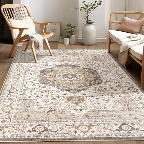 Vintage 5x7 Rugs for Living Room Washable Area Rug Camel/Beige by homewill