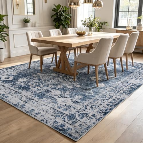 Vintage Blue Area Rugs 8x10, Washable Living Room Rug Non-Slip - Image 4
