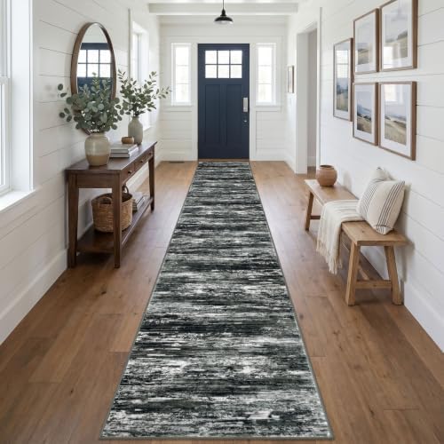 KOZYFLY Modern Washable Long Rug Runner 2.6x18 Hallway Rug Black White Grey by KOZYFLY