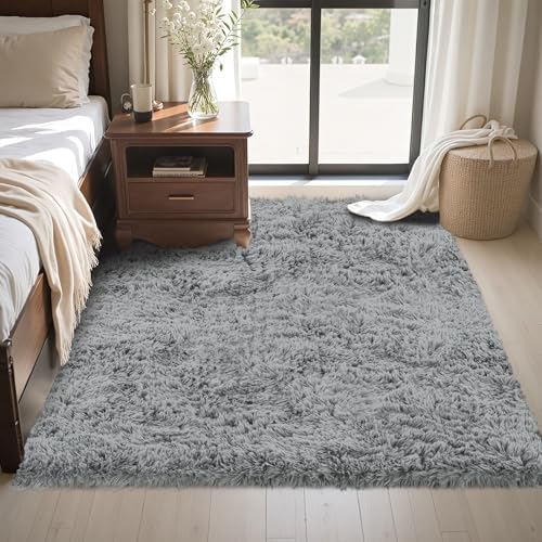 4x6 Area Rug for Living Room, Light Gray Fluffy Shag Non-Slip Bedroom Rugs - Image 4
