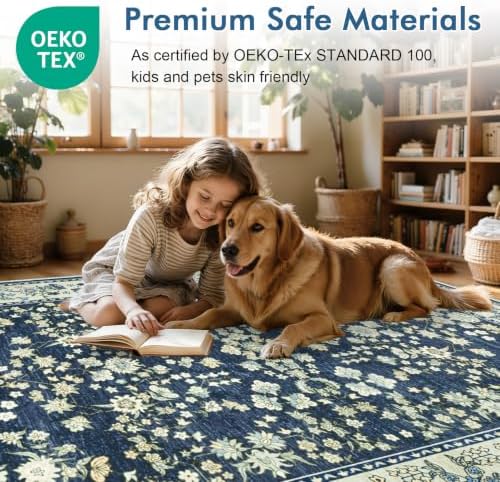 6x9 Ft Floral Area Rugs for Living Room, Non-Slip Soft Washable Carpet Blue - Image 4