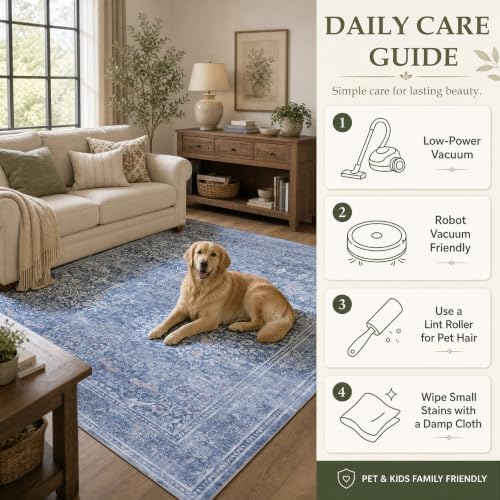 JOLLYVOGUE Entryway Rug, 2x3 Washable Vintage Floral Rug, Dusk Blue - Image 5