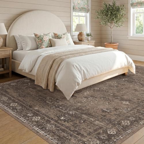 Brown Farmhouse 7x9 Area Rugs for Living Room, Dark Neutral Vintage Distressed - Image 3