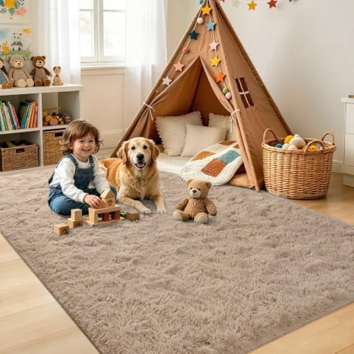 6x9 Large Beige Fluffy Soft Area Rug Non-Slip - Image 4