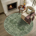 Round Rug 4ft Green Vintage Washable Circle Rug by Zeeinx