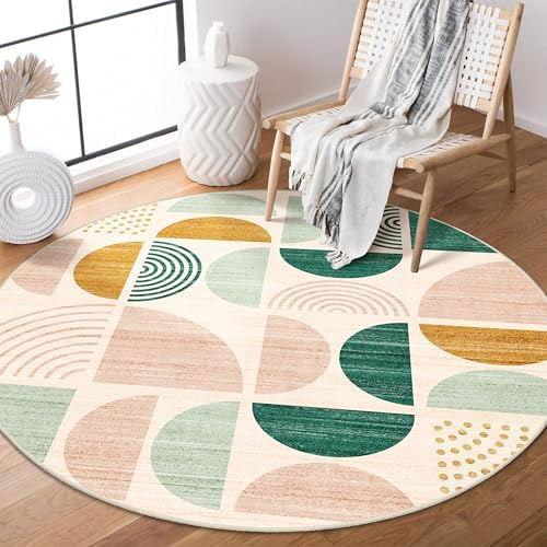 MUJOO Round Rug 4ft Small Circle Area Rug Washable Non Slip Modern Abstract by MUJOO