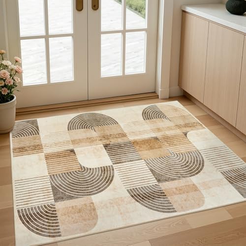 Washable Entryway Rug 2x3 ft, Neutral Beige Modern Geometric by Ailyei