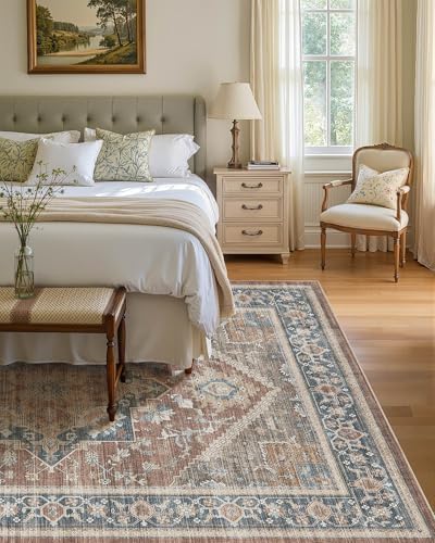 Washable Area Rug-5X7 Vintage Neutral Soft Antique Red - Image 3