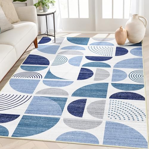 MUJOO Blue Rug Boho Washable, 4x6.5 Area Rugs by MUJOO