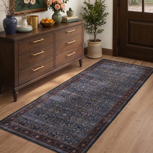 Washable Hallway Runner Rug 2'x5', Vintage Old Money, Dark Blue by Jainmy