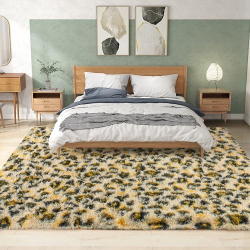 5x7 Shag Rugs for Living Room, Washable Khaki Leopard - Image 3