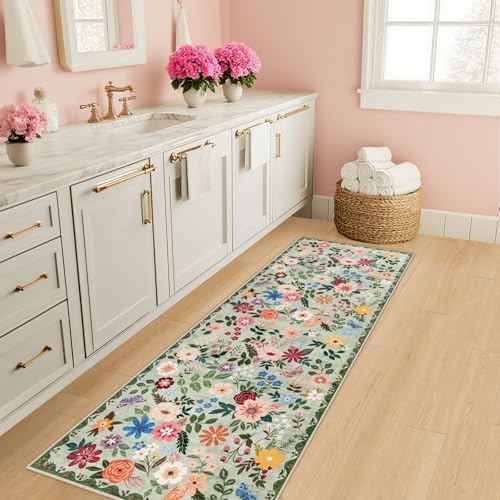 PLHXFR 2.6x8 Washable Runner Rug：Floral Indoor Kitchen Soft Carpet Green - Image 5
