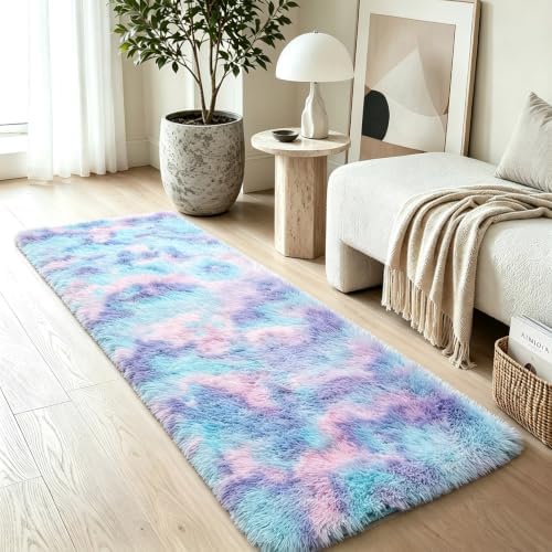 2x6 Blue Rainbow Fluffy Runner Rug - Image 2