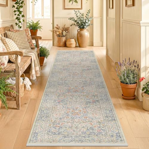 Vintage Beige Blue 2'6" x 8' Runner Rug - Image 3