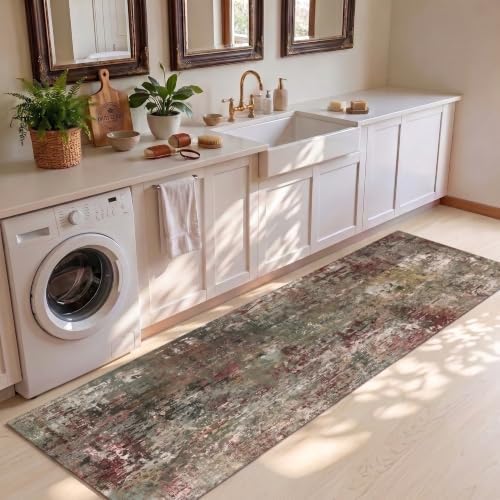 Hallway Washable Runner Rug 2x7 Non Slip Carpet Runner, Olive/Burgundy - Image 3
