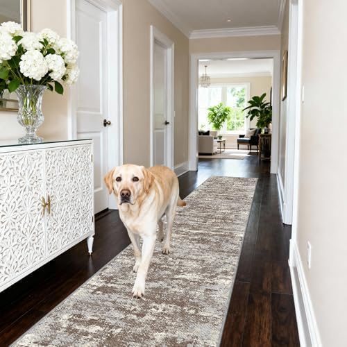 Hallway Runner Rug 2x8 Textured Non Slip Carpet Runner, Abstract Brown - Image 6