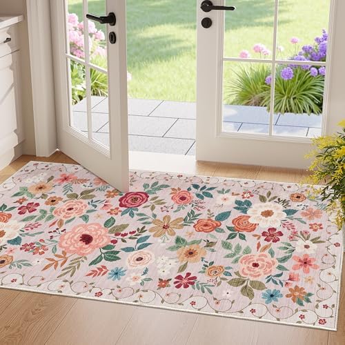 DUKINO 2x4 Entryway Rug, Floral Washable Kitchen Rugs Non Slip by DUKINO