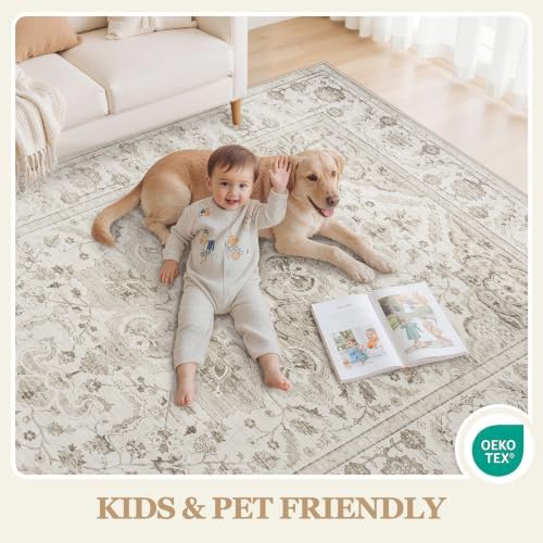 Washable 9x12 Area Rugs for Living Room Beige White Non-Slip Rug - Image 5