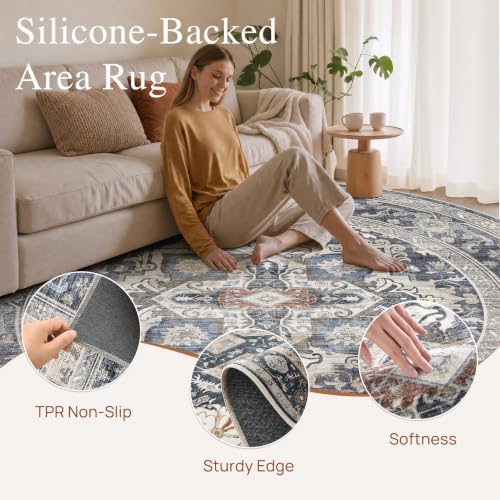 Round Washable Area Rug 8ft, Boho Vintage Distressed Oriental Medallion - Image 4