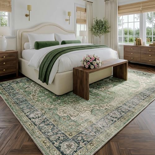 FMFUNCTEX 6x9 Washable Green Neutral Vintage Large Area Rug - Image 2