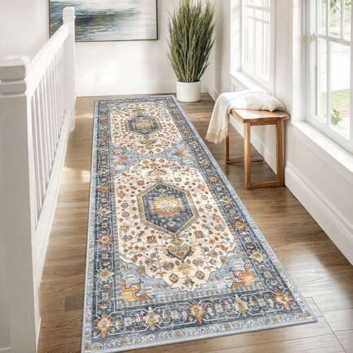 KUTA Washable Kitchen Runner 3x8 Washable 8 ft Ivory Blue Runners - Image 4