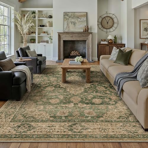 HUGEAR 10x14 Green Retro Floral Washable Area Rug by HUGEAR