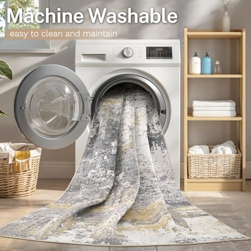 Area Rug Living Room-8X8 Abstract Washable Rug Gold - Image 6