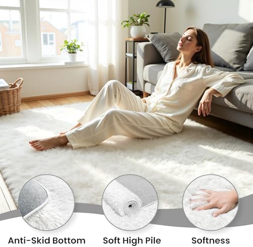 5x7 Fluffy Area Rug for Living Room: Soft Non-Slip White Bedroom Carpet - Image 5