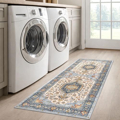 KUTA Vintage Washable Runner Rug, 2x5 Runners Ivory Blue 5ft Kitchen Rugs - Image 4