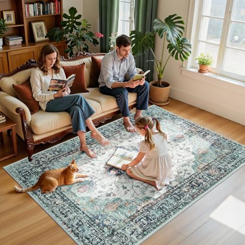 RELEANY Washable Area Rug, Teal Green/White/Navy - Image 3