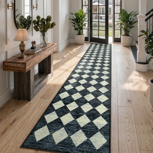 Lahome Runners for Hallway Non Slip 2x12 Black Checkered Large Washable Rug by Lahome