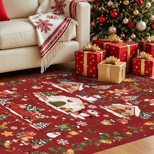 Red 2x6 Kitchen Runner Rug: Non-Slip Printed Hallway Christmas Tree Rugs - Image 2