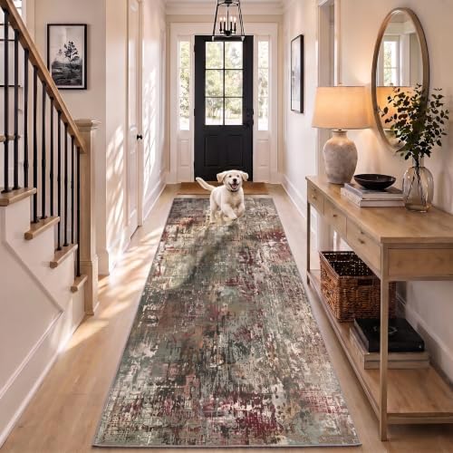 Hallway Washable Runner Rug 2x7 Non Slip Carpet Runner, Olive/Burgundy by ROOMISLAND