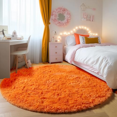 Orange Fluffy Round Rug Circle Area Rugs 4ft - Image 5