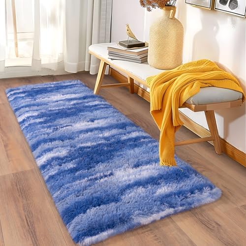 Soft Runner Rugs for Bedroom Hallways, 2x6 Abstract Blue White Fluffy Shag - Image 3