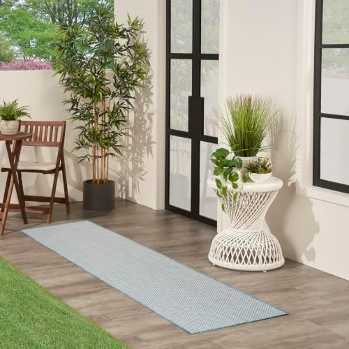 Nourison Home Courtyard 8' Runner Indoor/Outdoor Serged Edges Runner Ivory Aqua - Image 3