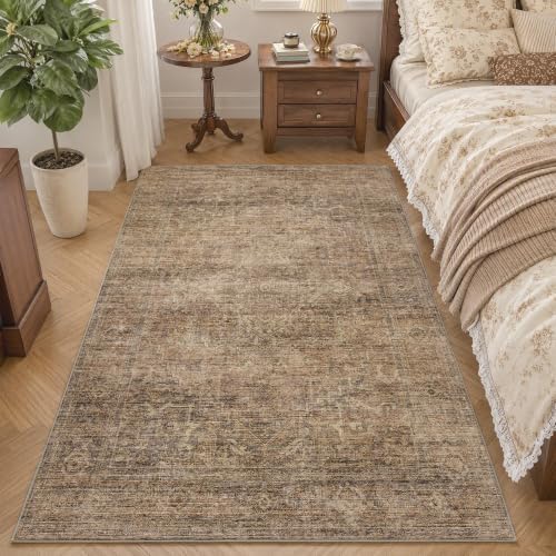 FMFUNCTEX 4x6 Washable Rust Brown Neutral Vintage Area Rug - Image 2