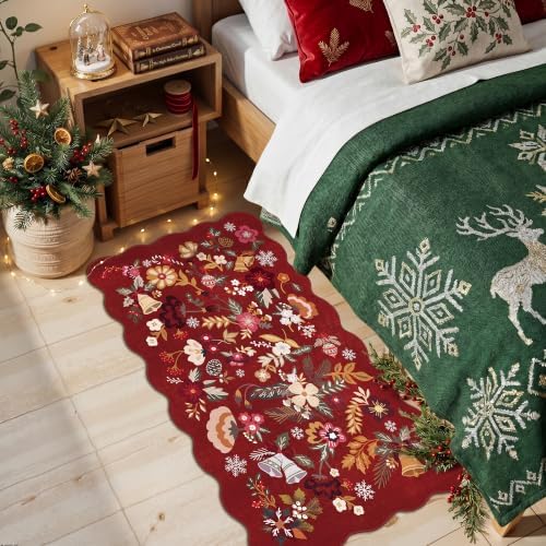 Christmas Red 3x5 Entryway Rug: Scalloped Floral Washable Holiday Door Mat - Image 2