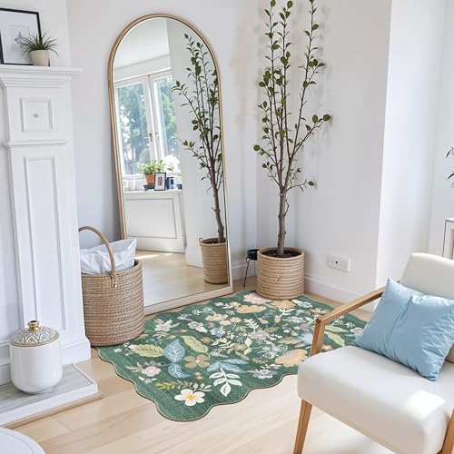 Washable 3x4 Entryway Rug: Boho Scalloped Floral Soft Thin Door Mat Green - Image 2