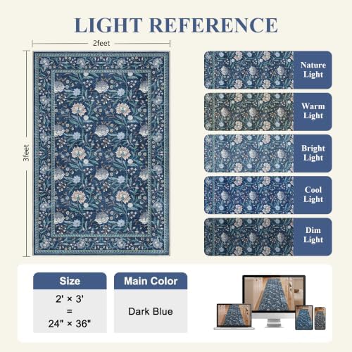 DUKINO 2x3 Rug, Washable Vintage Floral Bathroom Rugs Non Slip, Dark Blue - Image 2