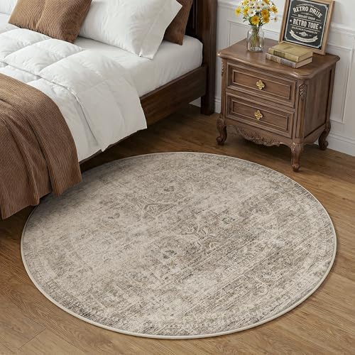 FMFUNCTEX 4ft Round Washable Taupe Distressed Vintage Area Rug - Image 3