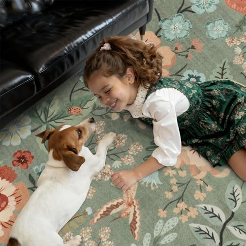 DCX Vintage Floral Washable Area Rug 5x7, Non Slip Low Pile Rug, Sage Green - Image 2