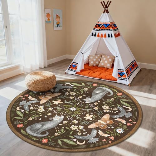 GarveeHome Round Area Rugs 6ft for Bedroom, Cat Brown Washable Circle Rug Soft - Image 3