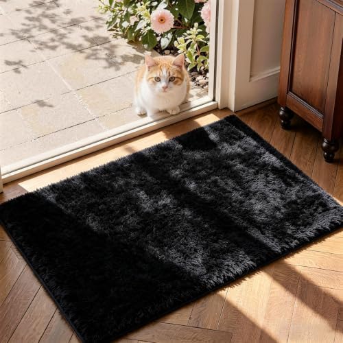 2x3 Black Fluffy Area Rug for Bedroom and Bedside, Washable Soft Shag Carpet - Image 4