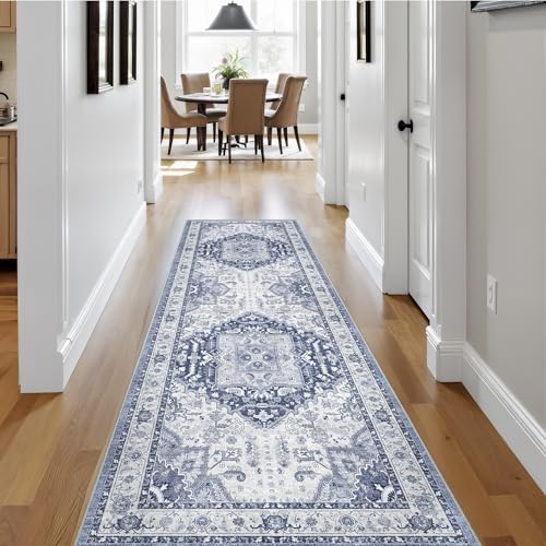Washable 2.6x8 Hallway Runner Rug, Non Slip Vintage Kitchen Rugs Navy/Blue - Image 5