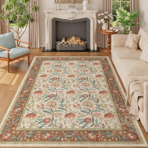 DUKINO 5x7 Area Rugs, Vintage Floral Washable Rug by DUKINO