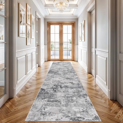 Abstract Hallway Runner Rug 2x12: Washable Non Slip Runners Black Grey by HILORUUG