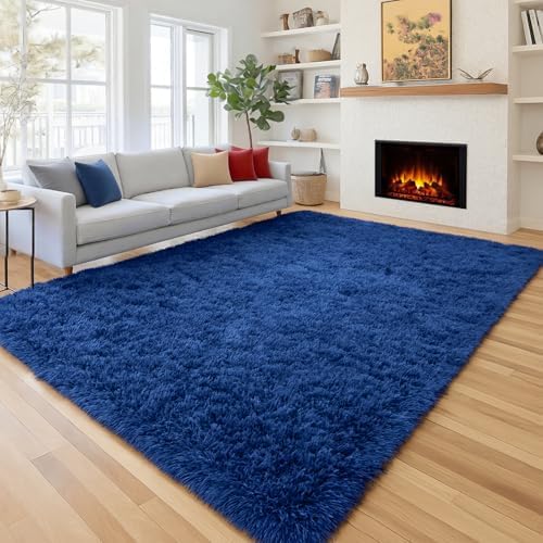 Navy Blue Rug 5x8 Ft, Fluffy Rugs - Image 2